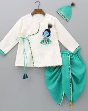 🧒 Little Krishna Ethnic Set – Cream & Peacock Blue (3-Piece Set)