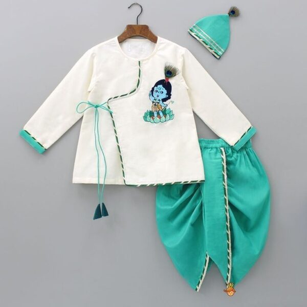 🧒 Little Krishna Ethnic Set – Cream & Peacock Blue (3-Piece Set)