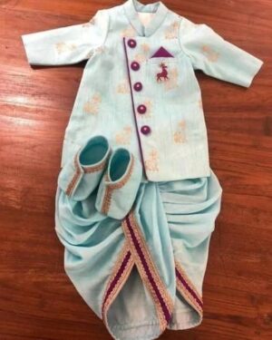 Royal Deer Dhoti Set – Aqua Blue with Purple Accents (3-Piece Set)
