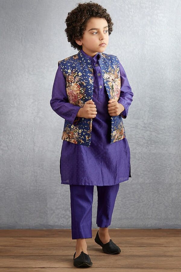 🟣 Regal Bloom Kurta Set with Floral Jacket – Boys Ethnic Wear by Tiny Pattu - Image 2