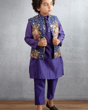 🟣 Regal Bloom Kurta Set with Floral Jacket – Boys Ethnic Wear by Tiny Pattu
