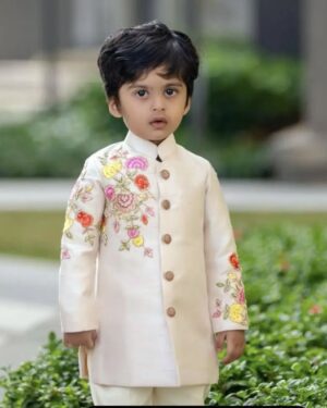 Peach Pink Kurta Set with Bird Motif Printed Jacket – Elegant Ethnic Look for Boys