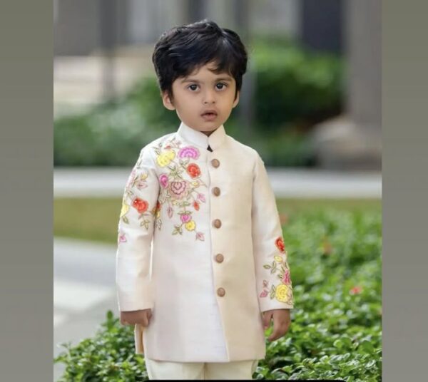 Peach Pink Kurta Set with Bird Motif Printed Jacket – Elegant Ethnic Look for Boys