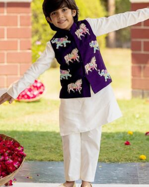 Purple Haathi-Ghoda Embroidered Bundi Set for Boys – Wedding Kurta Pajama Outfit