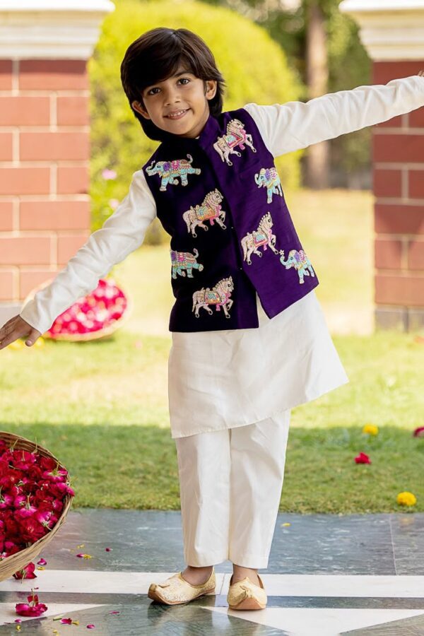Purple Haathi-Ghoda Embroidered Bundi Set for Boys – Wedding Kurta Pajama Outfit