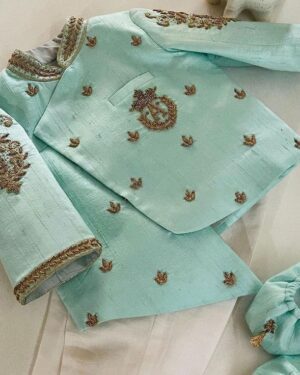 Mint Majesty Sherwani Set – Cool Mint Blue with Golden Accents (3-Piece Set)