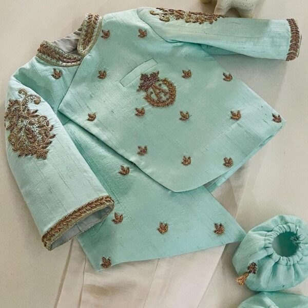 Mint Majesty Sherwani Set – Cool Mint Blue with Golden Accents (3-Piece Set)