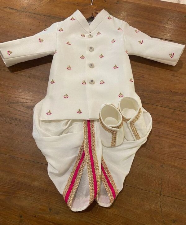 Ivory Blossom Sherwani Set – Elegant White with Pink-Gold Accents (3-Piece Set)