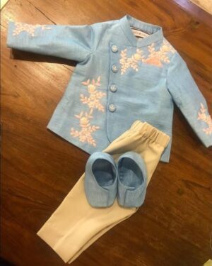 Sky Bloom Indo-Western Set – Blue Floral Jacket with Beige Pant & Mojaris (3-Piece Set)