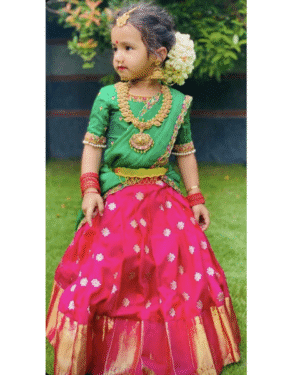 Green & Rani Pink Toddler Pattu Pavadai Set – Zari Butta Skirt & Embroidered Blouse