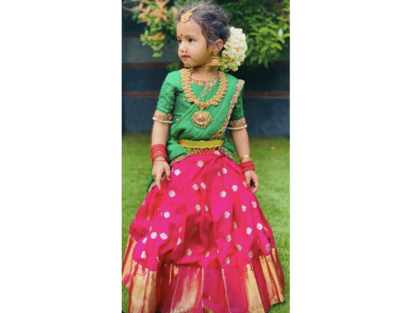 Green & Rani Pink Toddler Pattu Pavadai Set – Zari Butta Skirt & Embroidered Blouse