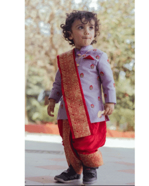 Lilac Embroidered Kurta & Red Dhoti Set with Gold Dupatta – Traditional Wedding Wear for Boys