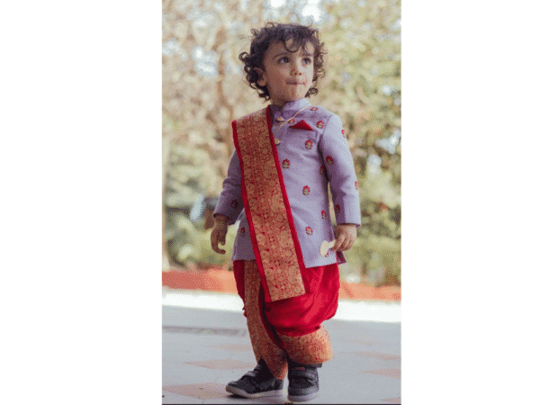 Lilac Embroidered Kurta & Red Dhoti Set with Gold Dupatta – Traditional Wedding Wear for Boys