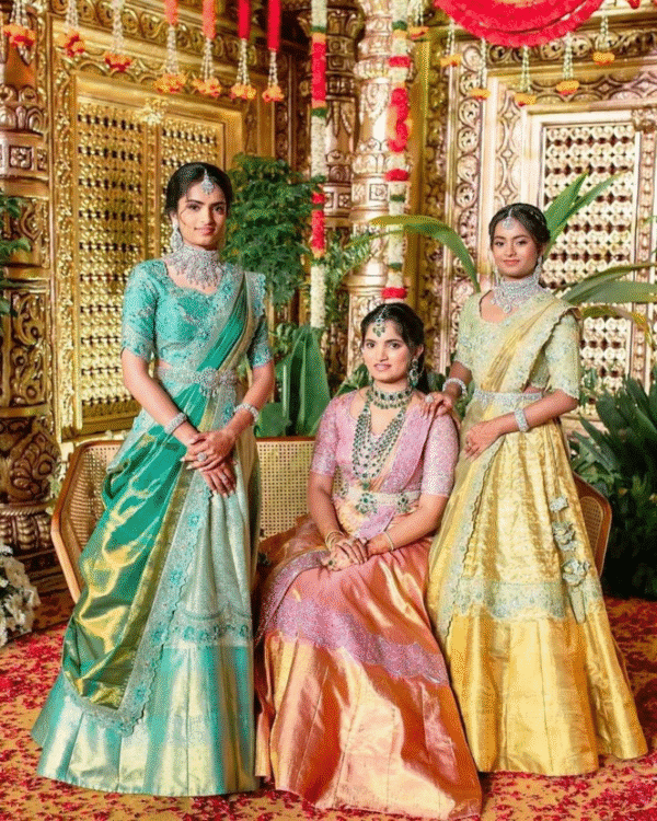 Pastel Kanchipuram Silk Half Saree Set – Designer Trio Look with Lace Work & Zari Borders