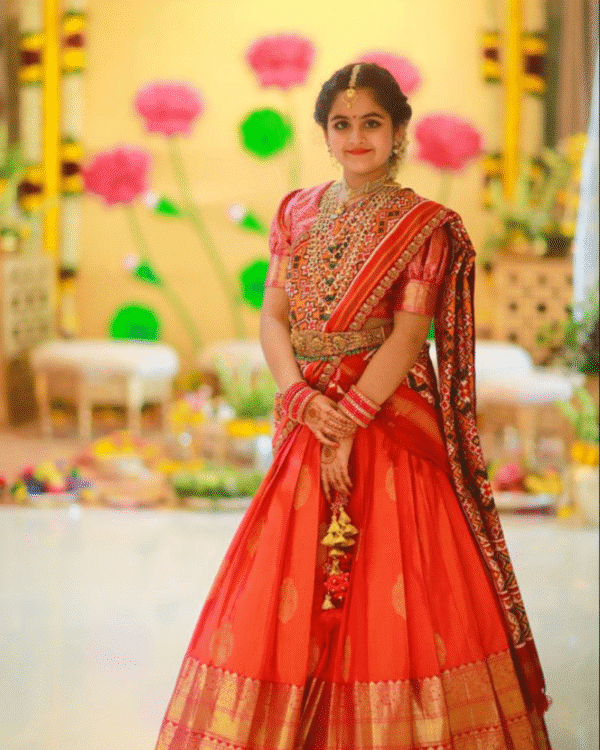 Traditional Red Half Saree Lehenga Set – Banarasi Zari Skirt & Mirror Work Blouse with Dupatta Traditional Red Half Saree Lehenga Set – Banarasi Zari Skirt & Mirror Work Blouse with Dupatta