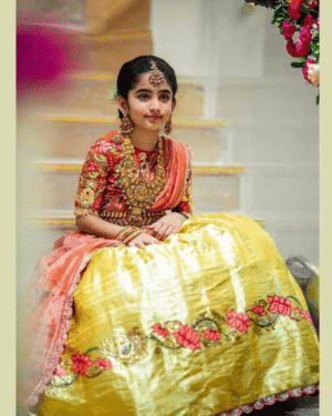 Royal Red & Mango Yellow Pattu Pavadai Set – Embroidered Silk Blouse & Floral Zari Skirt