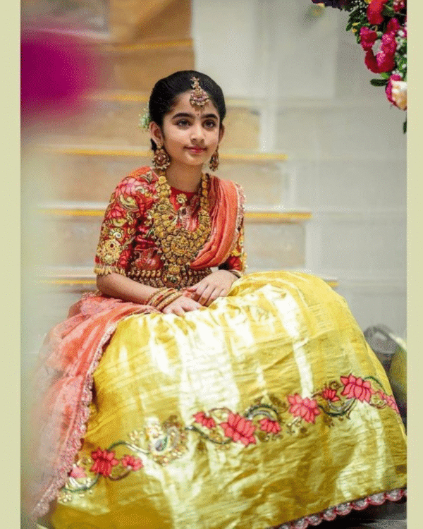 Royal Red & Mango Yellow Pattu Pavadai Set – Embroidered Silk Blouse & Floral Zari Skirt