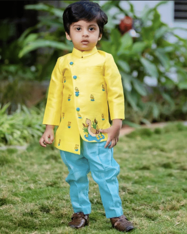 Yellow Printed Kurta with Aqua Blue Pants – Peacock Motif Designer Set for Boys