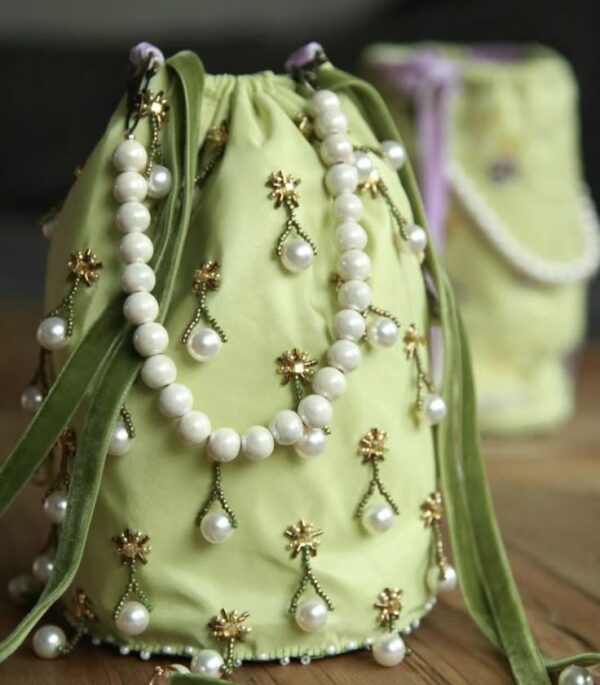 Tiny Pattu Wedding Potli – Pista Green Pouch