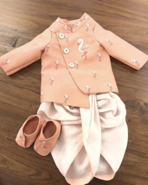 Peach Flamingo Dhoti Set – Pastel Peach with Cream (3-Piece Set)