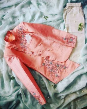 Blush Blossom Kurta Set – Peach Embroidered Jacket with Ivory Pants (2-Piece Set)