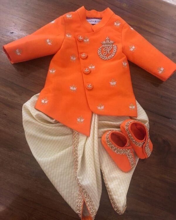 Royal Crown Dhoti Set – Bright Orange with Ivory Gold Accents (3-Piece Set)