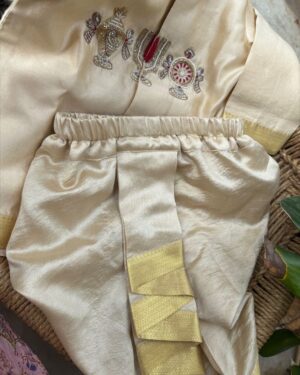 Divine Blessings Pattu Dhoti Set – Ivory Gold with Temple Motif Embroidery (2-Piece Set)