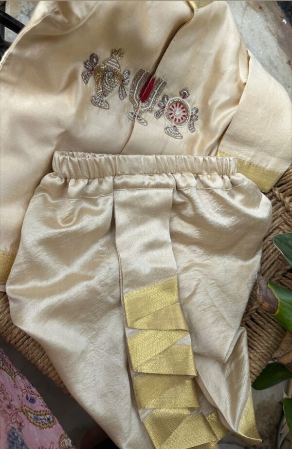 Divine Blessings Pattu Dhoti Set – Ivory Gold with Temple Motif Embroidery (2-Piece Set)