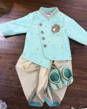 Peacock Regal Dhoti Kurta Set – Aqua Blue Jacket & Ivory Dhoti (3-Piece Set)