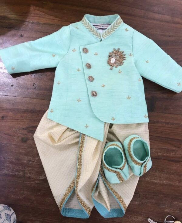 Peacock Regal Dhoti Kurta Set – Aqua Blue Jacket & Ivory Dhoti (3-Piece Set)