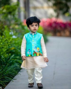 Turquoise Animal Print Bundi Set – Ivory Kurta Pyjama with Festive Jacket for Boys