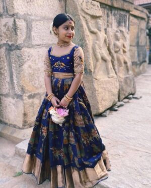 Navy Kalamkari Princess Lehenga Set – Zari Border Skirt & Embroidered Blouse for Girls
