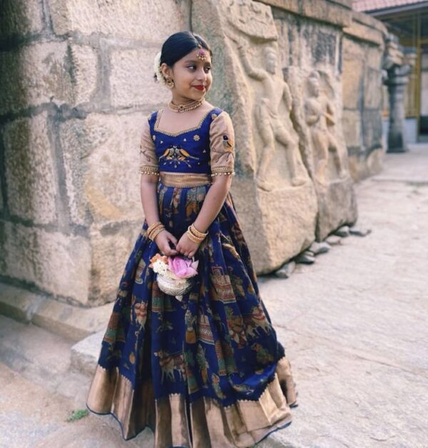 Navy Kalamkari Princess Lehenga Set – Zari Border Skirt & Embroidered Blouse for Girls