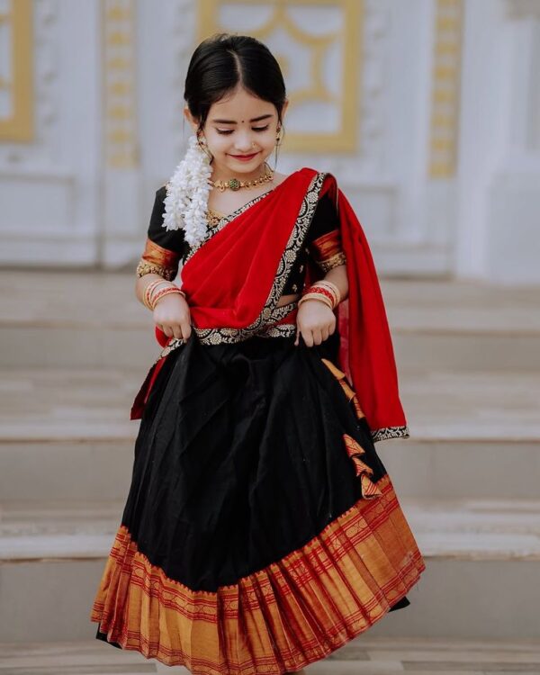 Black & Red Traditional Half Saree Set – South Indian Pattu Pavadai for Girls