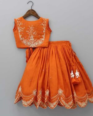 Embroidered Orange Lehenga Choli Set – Festive Traditional Wear for Girls