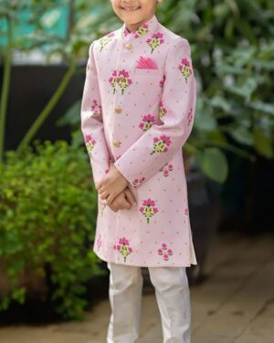 Pink Floral Printed Sherwani Set – Elegant Ethnic Wear for Boys