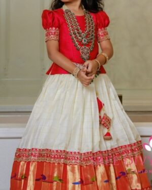Cream & Red Pattu Pavadai Set – Elegant South Indian Ethnic Wear for Girls