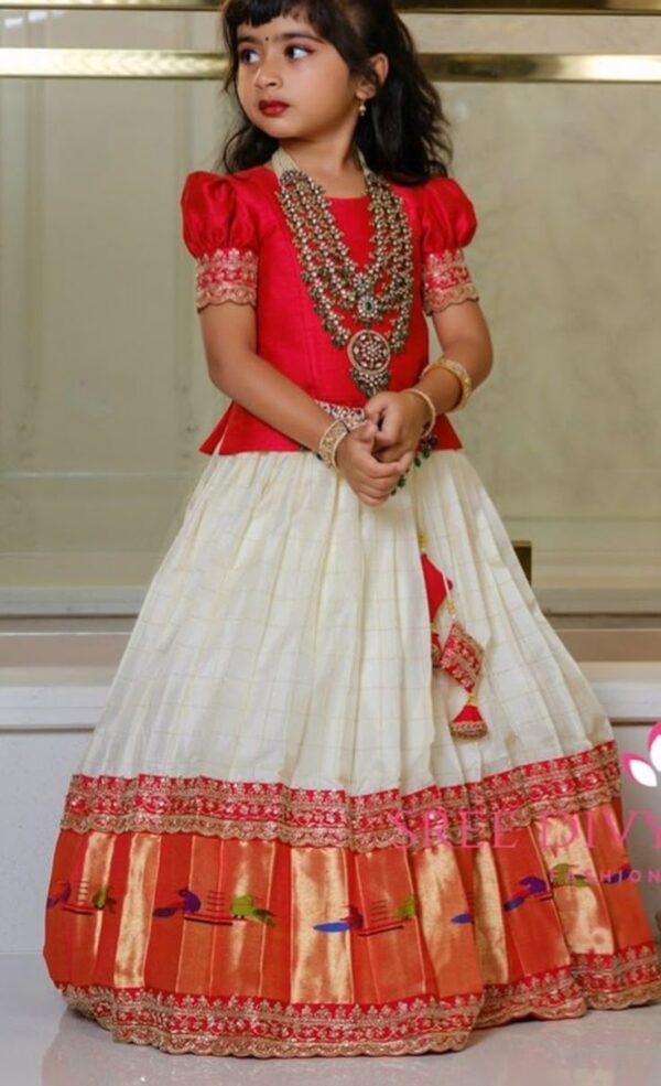 Cream & Red Pattu Pavadai Set – Elegant South Indian Ethnic Wear for Girls