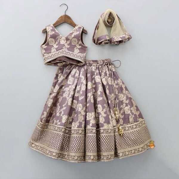 Lavender Brocade Lehenga Choli Set – Elegant Festive Wear for Girls