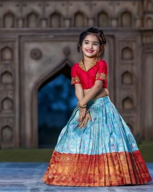 Sky Blue & Red Pattu Pavadai Set – Traditional South Indian Silk Outfit for Girls