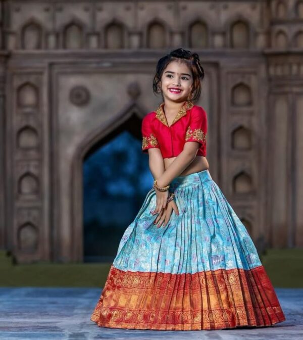 Sky Blue & Red Pattu Pavadai Set – Traditional South Indian Silk Outfit for Girls