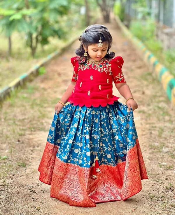 Royal Blue & Red Banarasi Pattu Pavadai Set – Premium Festive Wear for Girls