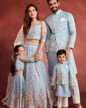 Sky Blue Embroidered Family Outfit Set – Designer Kurta & Lehenga Combo for Weddings & Celebrations