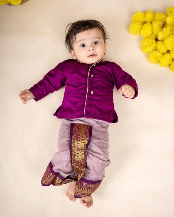 Purple Silk Kurta with Lavender Dhoti – Traditional South Indian Baby Outfit