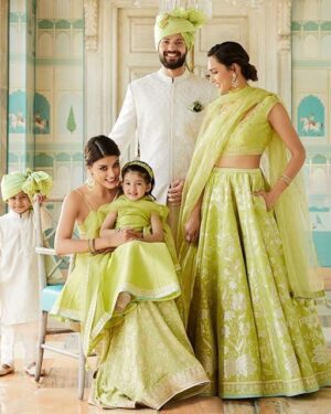 Lime Green & White Family Combo – Lehenga, Pattu Frock, and Kurta Set for Festive Celebrations