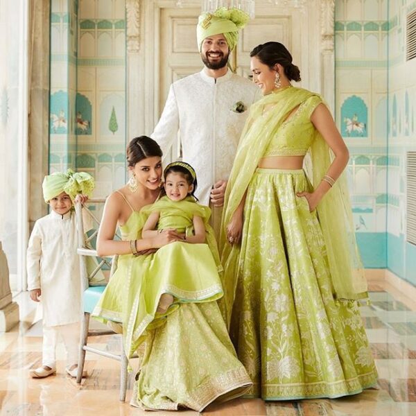 Lime Green & White Family Combo – Lehenga, Pattu Frock, and Kurta Set for Festive Celebrations
