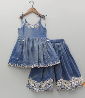Blue Embroidered Ethnic Kurti & Sharara Set – Elegant Party Wear for Girls