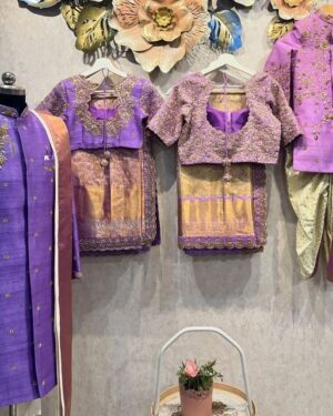 Royal Purple & Gold Family Outfit Set – Coordinated Pattu Ensemble for Men, Women & Kids