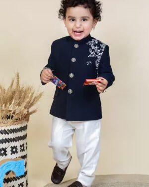 Navy Embroidered Indo-Western Jacket Set – Formal Ethnic Outfit for Boys