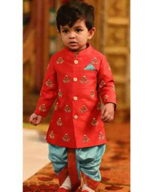 Red Embroidered Kurta with Blue Dhoti – Regal Wedding Outfit for Boys